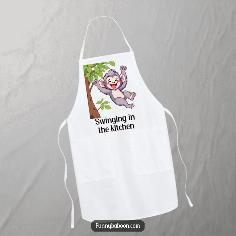 Funny Kawaii baboon apron, joyfully swinging from a vine with a wide grin, ready for kitchen fun and primate antics.