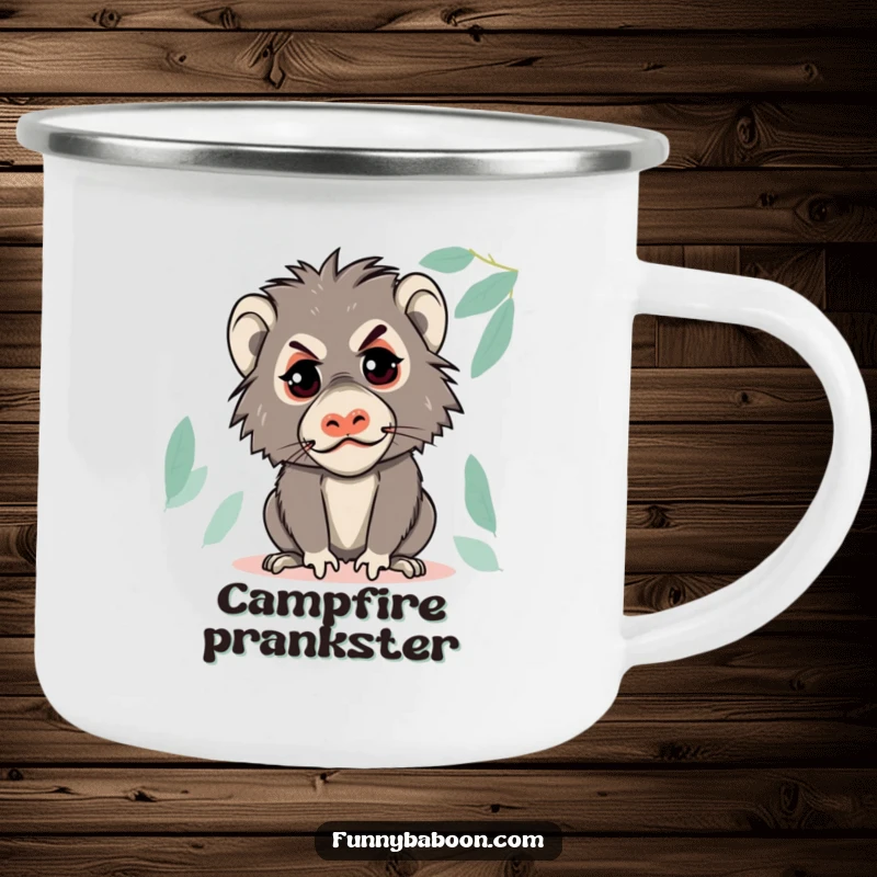 Funny Kawaii baboon camping mug, making a mischievous face with a playful glint, adding primate humor to outdoor sipping.