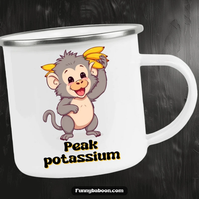 Funny Kawaii baboon camping mug, playfully balancing a bunch of bananas on its head, adding primate fun to outdoor sipping.