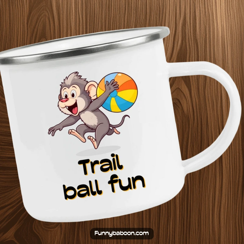 Funny Kawaii baboon camping mug, leaping energetically after a colorful bouncing ball, adding primate action to outdoor sipping.