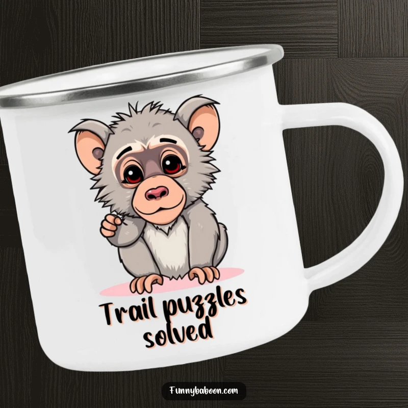Funny Kawaii baboon camping mug, striking a curious pose with head tilted down, adding primate thoughtfulness to outdoor sipping.