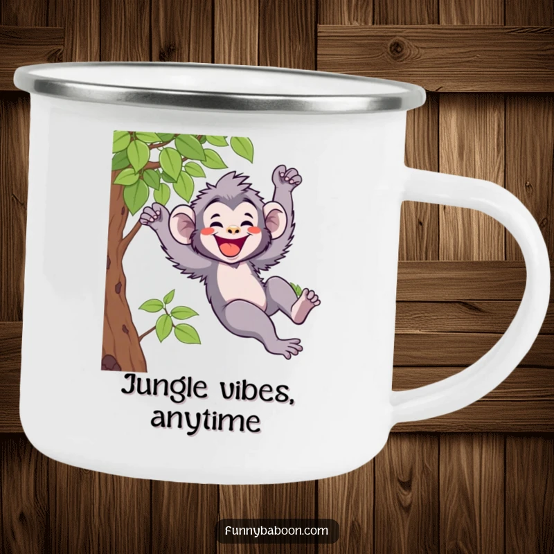 Funny Kawaii baboon camping mug, gleefully swinging from a vine with a wide grin, bringing primate humor to outdoor adventures.
