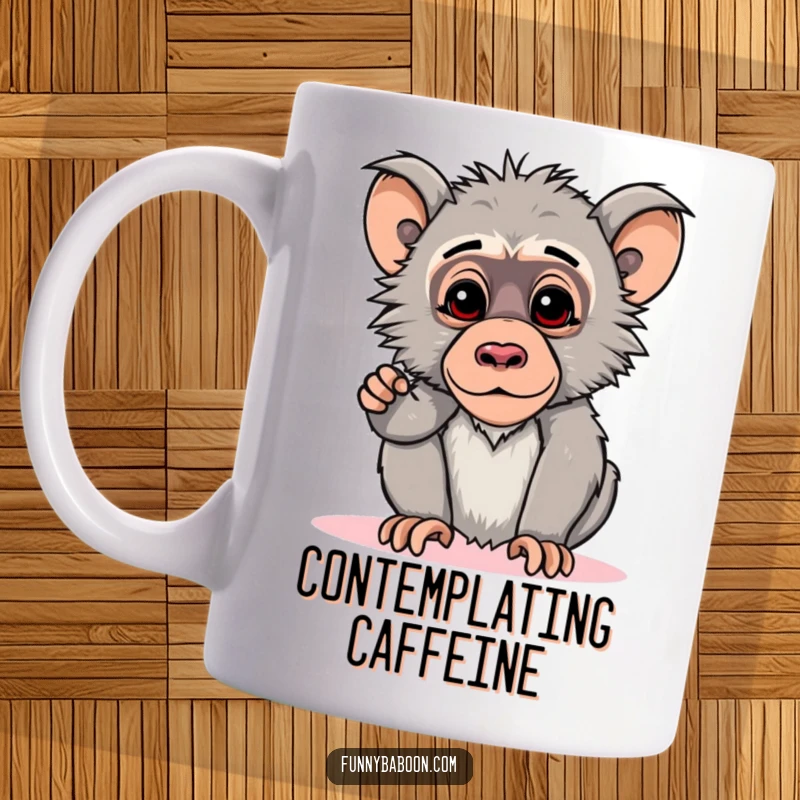 Funny Kawaii baboon mug, striking a curious pose with its head tilted downwards, looking thoughtful and inquisitive, with primate charm.