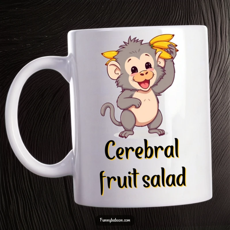 Funny Kawaii baboon mug, playfully balancing a large bunch of ripe bananas on its head, showcasing primate silliness.