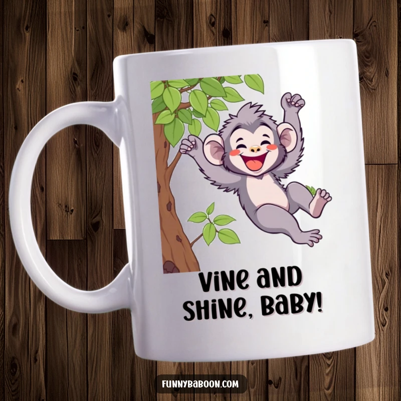 Funny Kawaii baboon mug, gleefully swinging from a vine, showcasing a wide, infectious grin, perfect for animal lovers seeking humor.