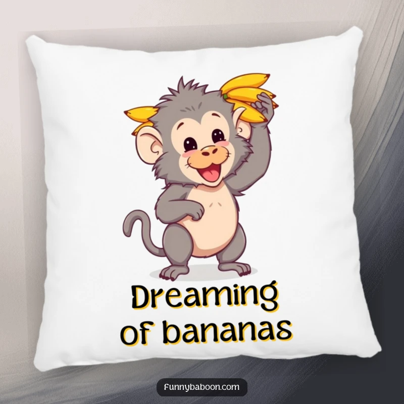 Funny Kawaii baboon pillow, playfully balancing a bunch of bananas on its head, offering cuddly humor and primate charm.