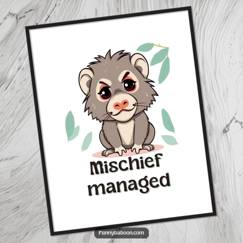 Funny Kawaii baboon digital art print, making a mischievous face with a glint, capturing primate cheekiness and humor.