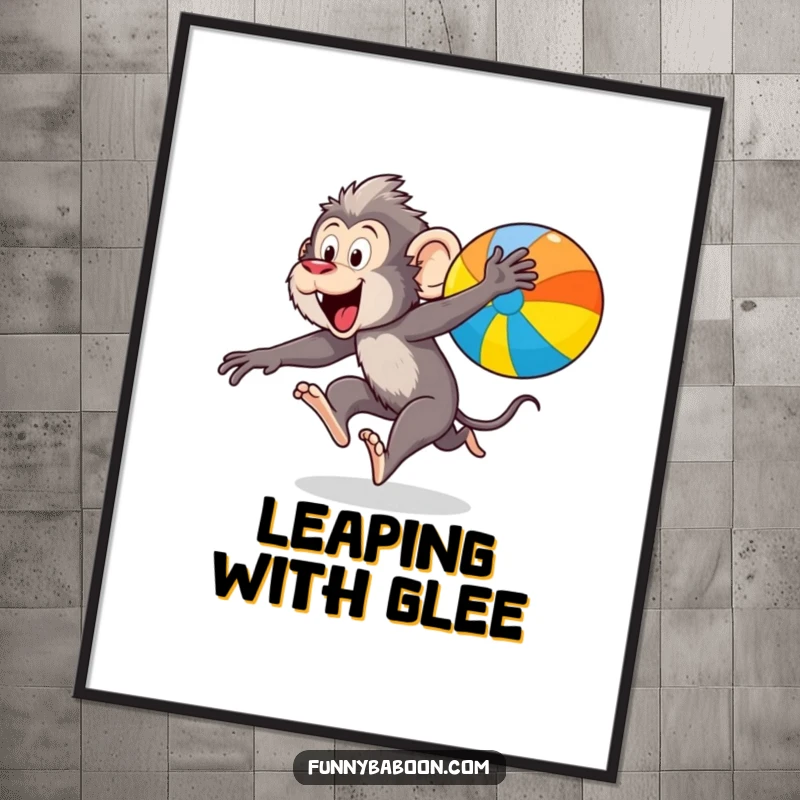 Funny Kawaii baboon digital art print, leaping excitedly after a colorful bouncing ball, capturing primate action and humor.