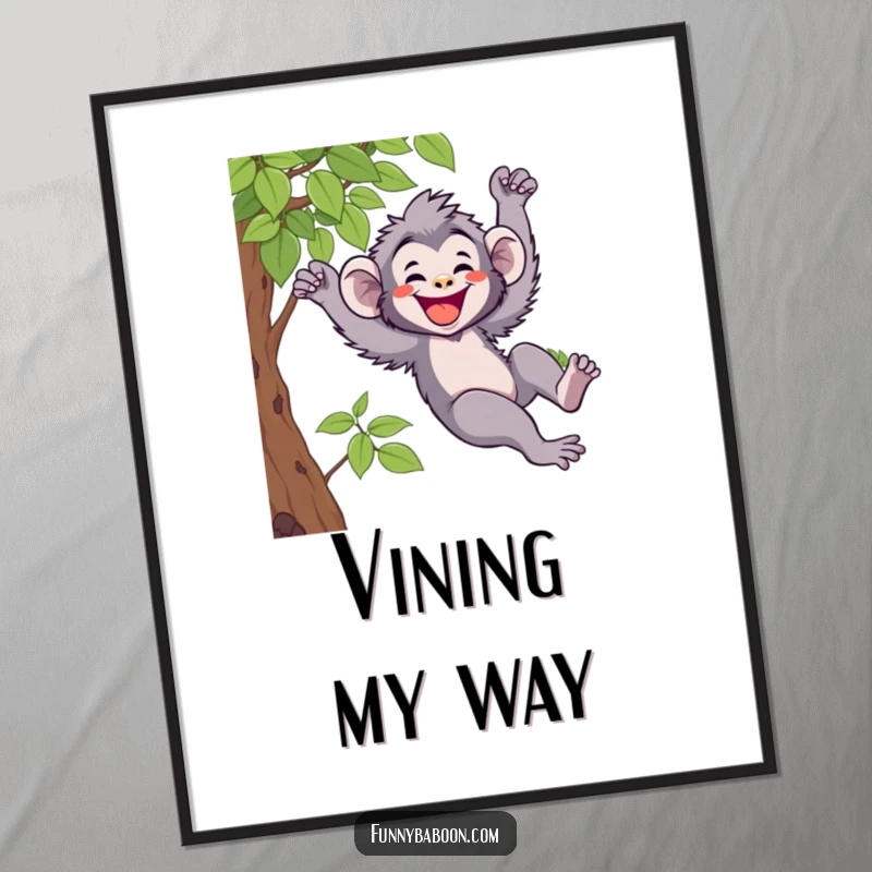Funny Kawaii baboon digital art print, joyfully swinging from a vine with a wide grin, capturing primate energy and humor.