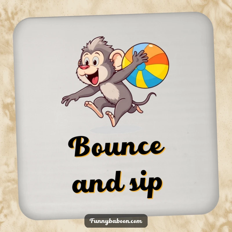Funny Kawaii baboon coaster, leaping excitedly after a colorful bouncing ball, protecting surfaces with primate energy and humor.