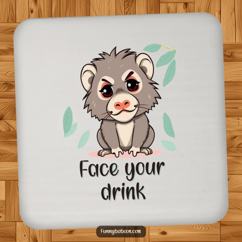 Funny Kawaii baboon coaster, making a mischievous face with a glint, protecting surfaces with primate humor and cheekiness.