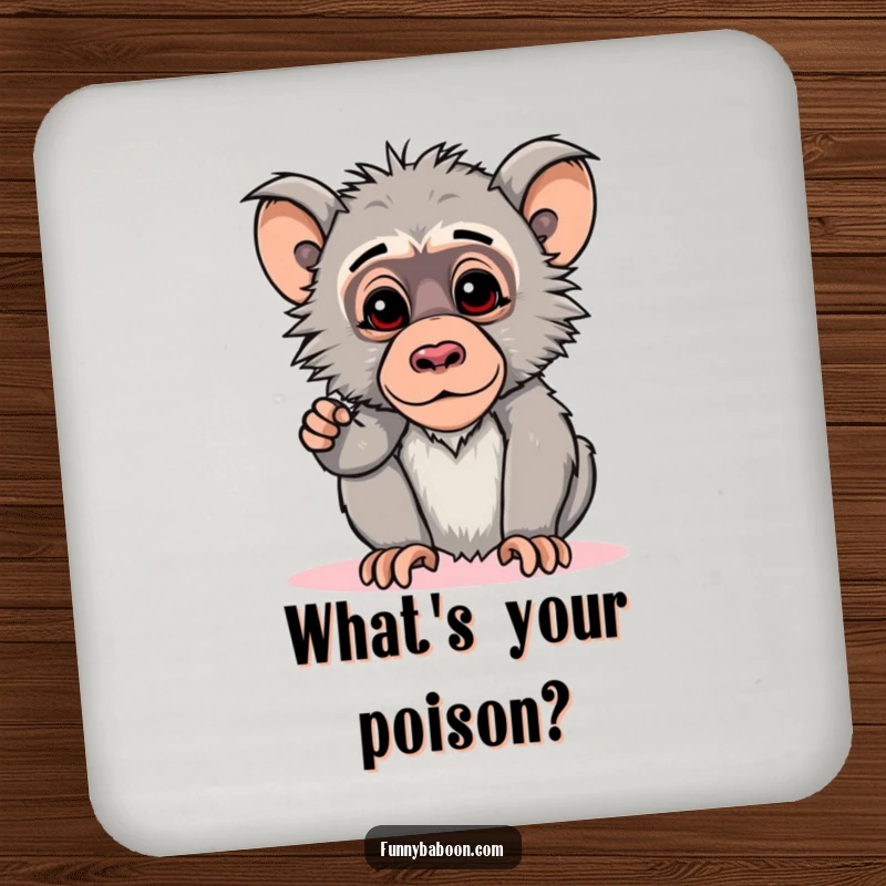 Funny Kawaii baboon coaster, striking a curious pose, head tilted downwards, protecting surfaces with primate intellect and humor.