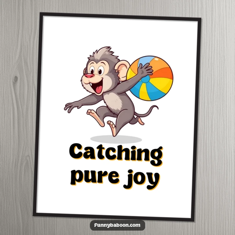 Funny Kawaii baboon poster, captured mid-leap, excitedly chasing a colorful bouncing ball, embodying primate energy and playful humor.