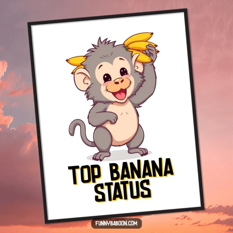 Funny Kawaii baboon poster, balancing a large bunch of bananas on its head with perfect primate poise, exuding playful humor.
