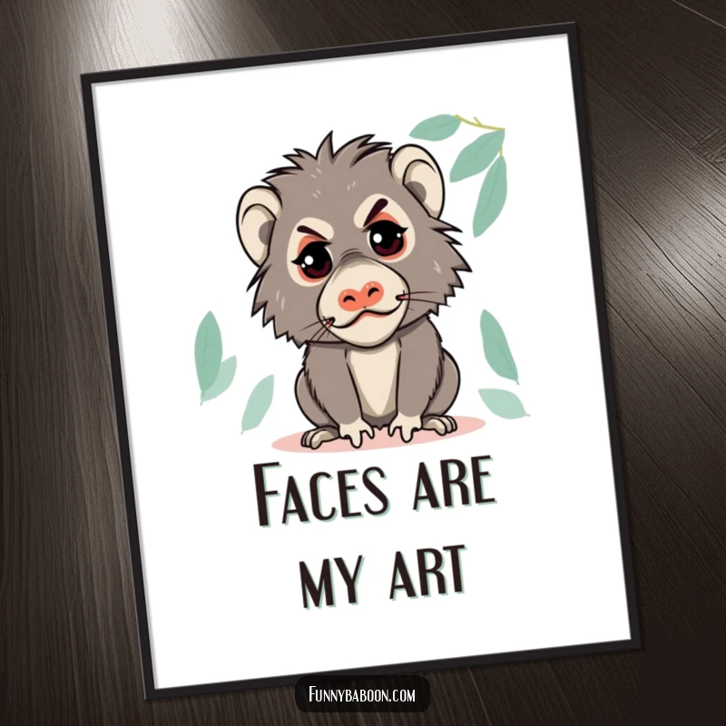 Funny Kawaii baboon poster, pulling a hilariously mischievous face with a sly glint, embodying primate impishness and humor.