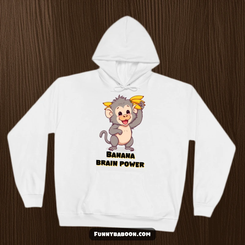 Funny Kawaii baboon hoodie, playfully balancing a big bunch of bananas on its head, combining comfort with primate comedy.