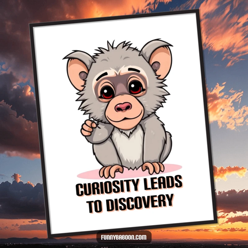 Funny free printable wall art: A charming kawaii baboon striking a curious pose with its head tilted downwards, looking intrigued.