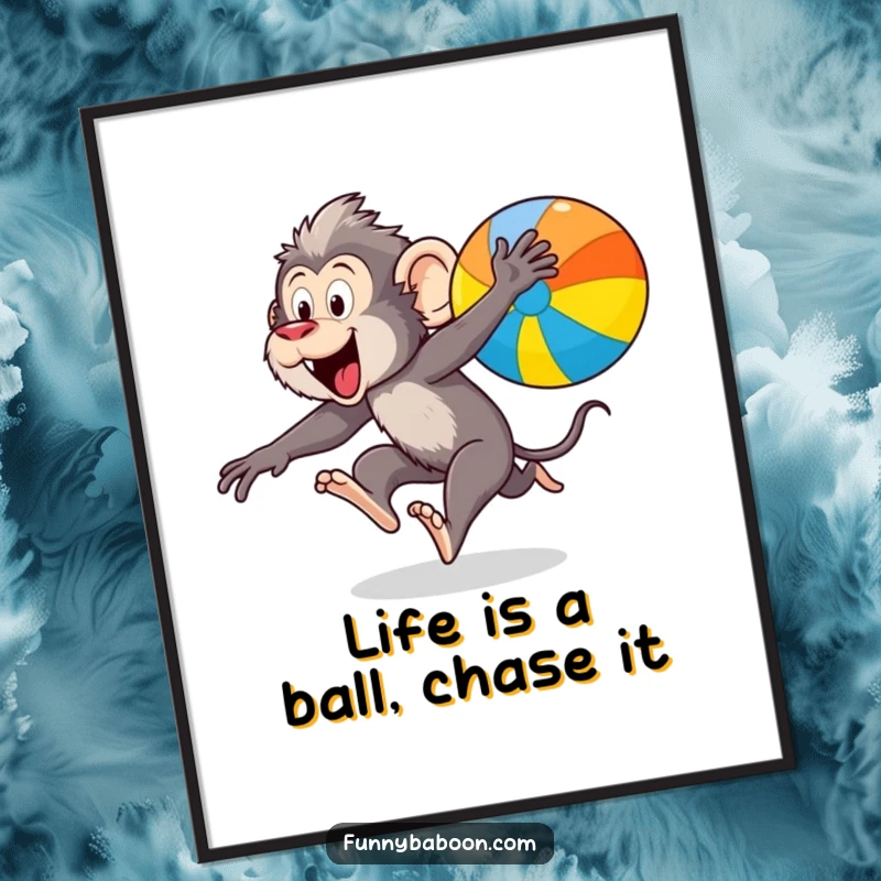 Funny free printable wall art: A dynamic kawaii baboon caught mid-leap, chasing a bright, multi-colored bouncing ball with excitement.