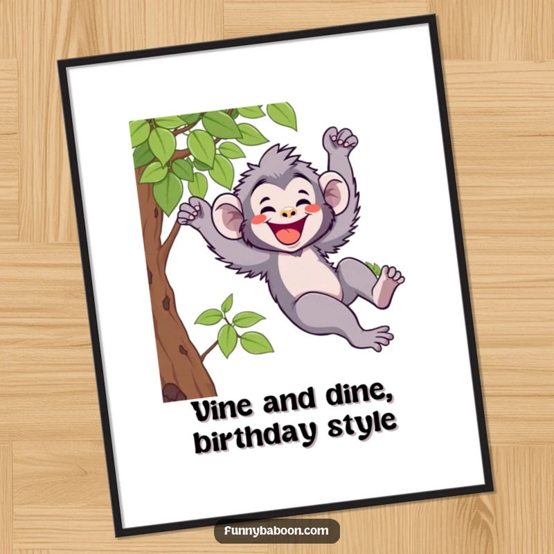 Funny free printable wall art: A vibrant kawaii baboon swinging from a lush green vine with an infectious wide grin.