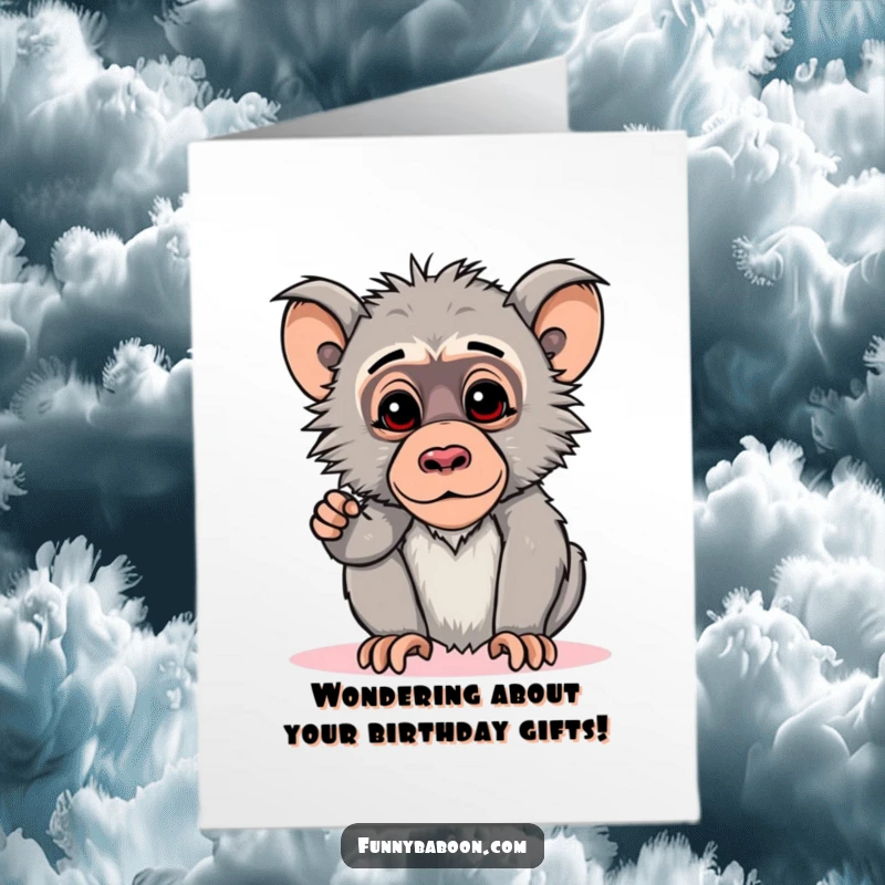 Funny free printable birthday card: A kawaii baboon tilting its head down in a curious, inquisitive pose, looking thoughtful.