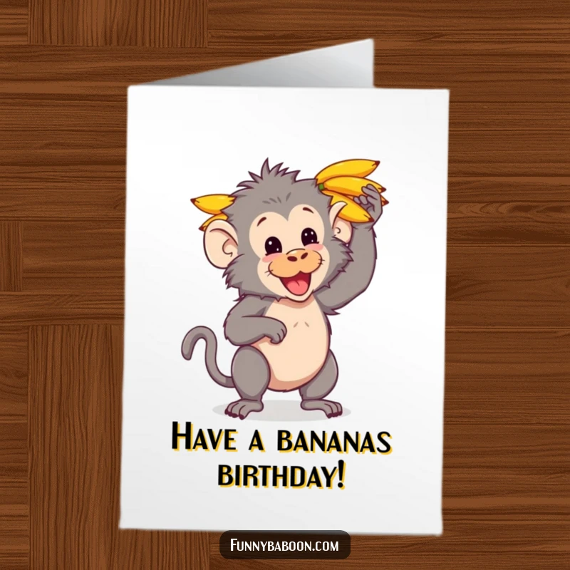 Funny free printable birthday card: A cute kawaii baboon balancing a large bunch of yellow bananas on its head.