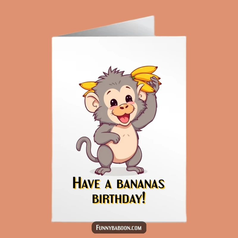 Free Printable Birthday Card: Funny Baboon Balancing Bananas for a Fruity Celebration