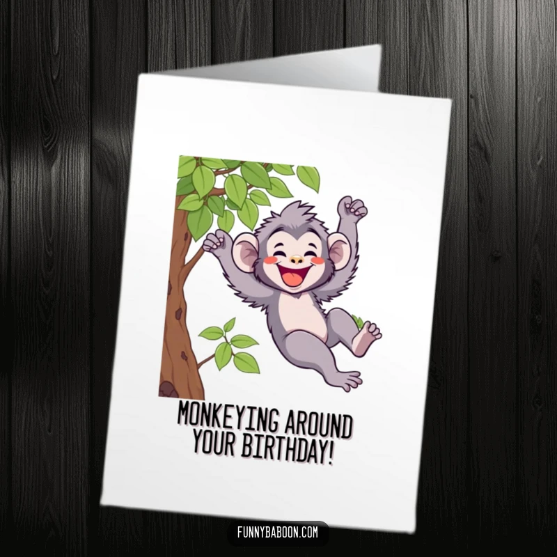 Funny free printable birthday card: Joyful kawaii baboon swinging energetically from a vine with a huge, happy grin.