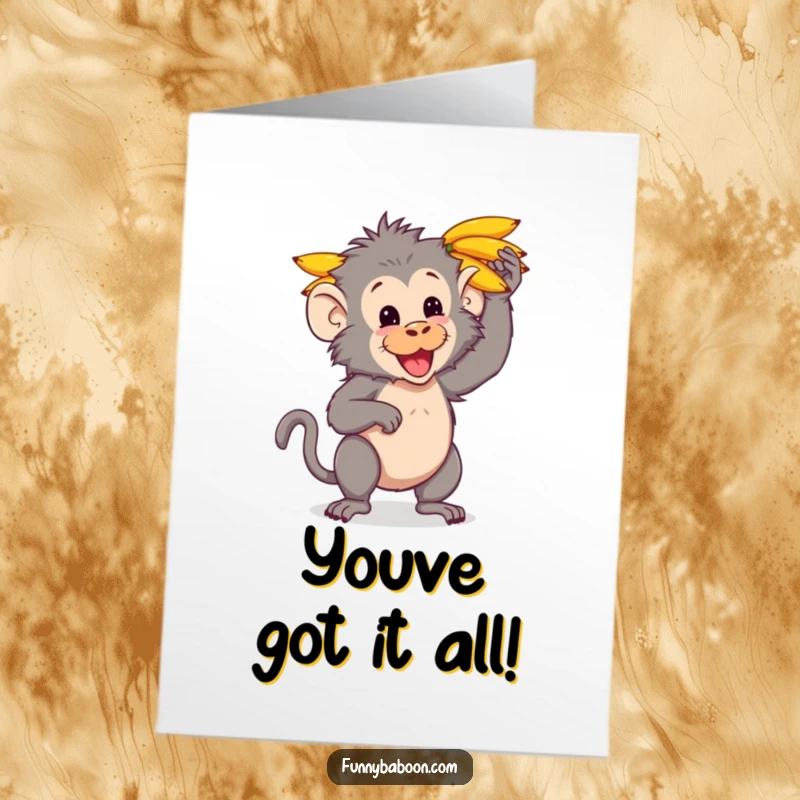 Funny free printable congratulations card: A kawaii baboon skillfully balancing a comical pile of bananas on its head.