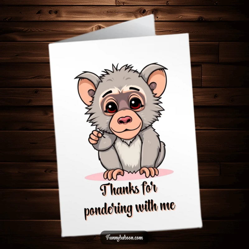 Funny free printable thank you card: A kawaii baboon tilting its head curiously downwards, in a thoughtful pose of gratitude.