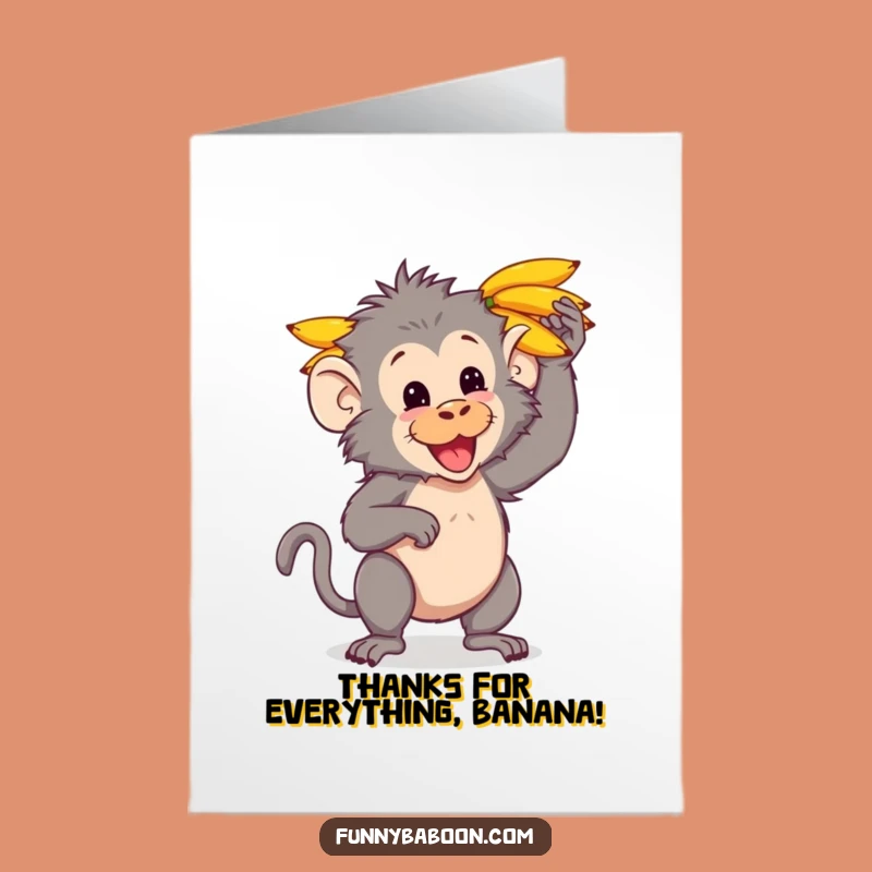 Free Printable Thank You Card: Funny Baboon Balancing Bananas, Grateful Greetings