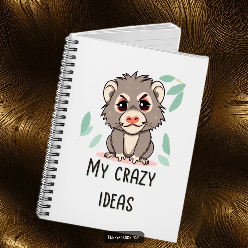 Funny Kawaii baboon notebook, making a mischievous face with a glint, perfect for jotting down funny thoughts and schemes.