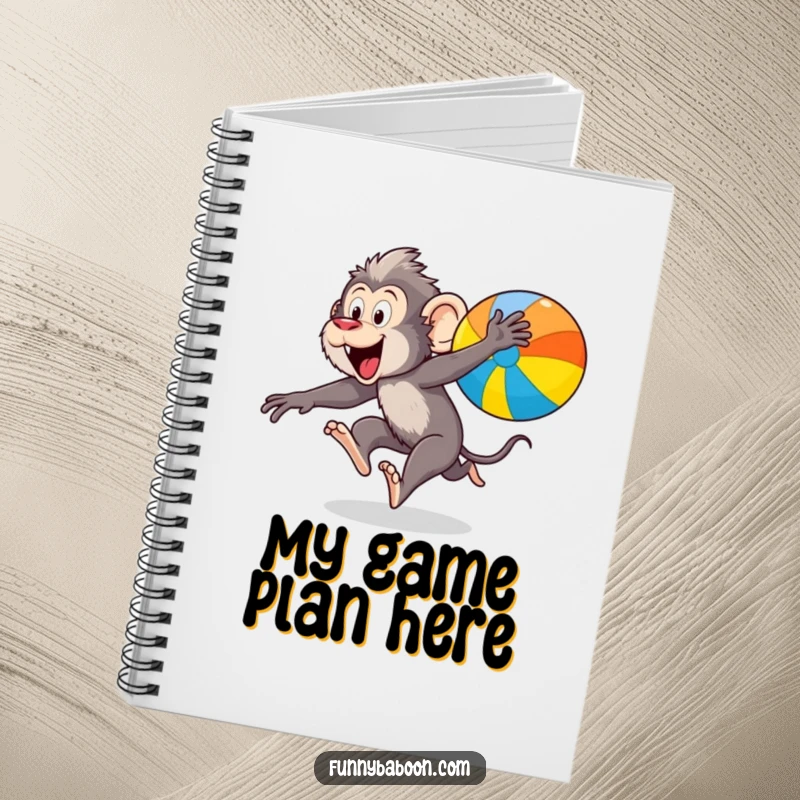 Funny Kawaii baboon notebook, leaping excitedly after a colorful bouncing ball, perfect for jotting down dynamic thoughts.