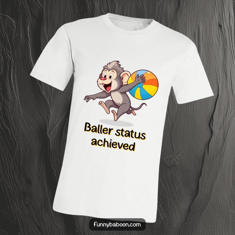 Funny Kawaii baboon t-shirt, captured mid-leap, enthusiastically chasing a bright, bouncing ball, embodying pure primate playfulness.