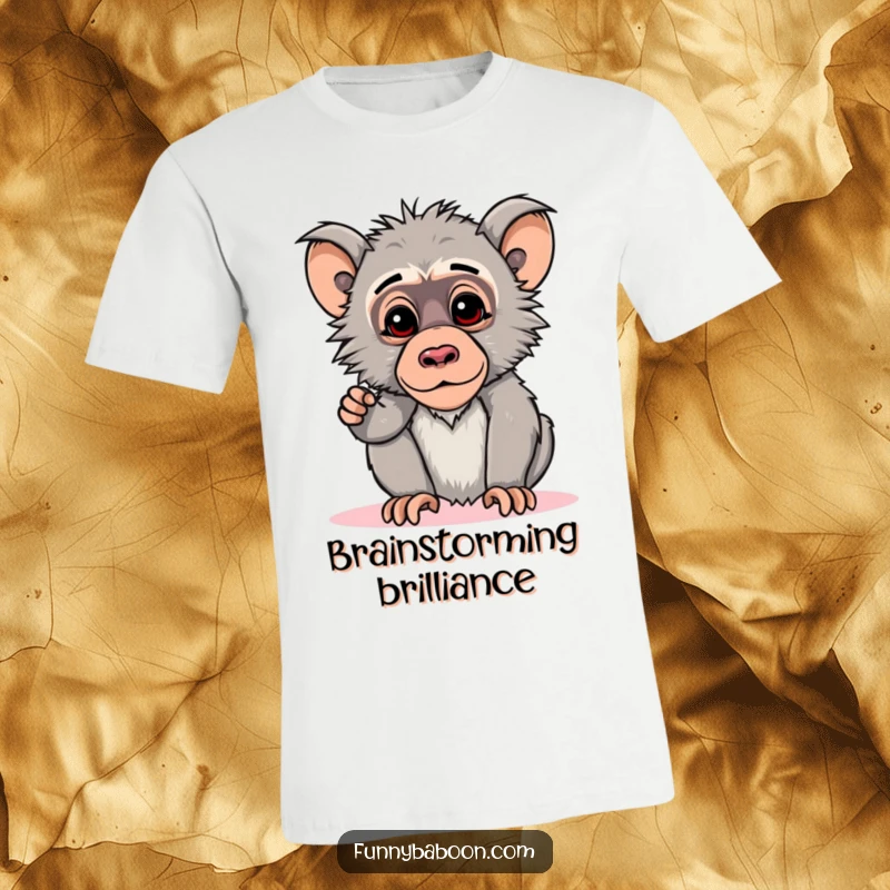 Funny Kawaii baboon t-shirt, striking a curious pose, head tilted downwards, embodying thoughtful primate contemplation and humor.