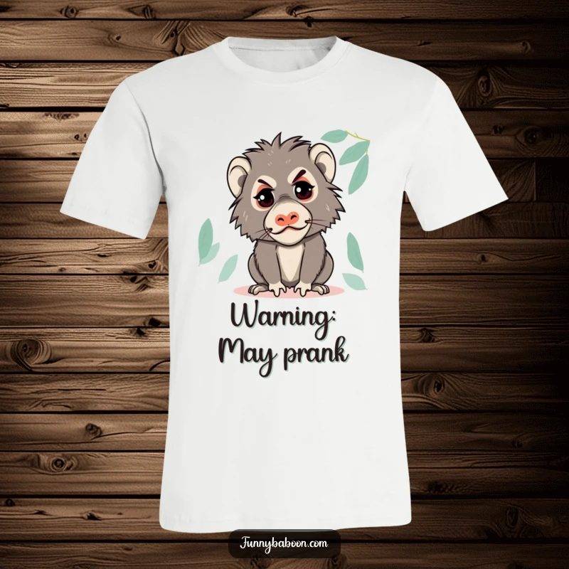 Funny Kawaii baboon t-shirt, making a hilariously mischievous face with a knowing glint, embodying primate prankster spirit.