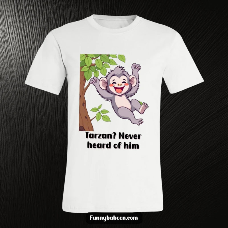 Funny Kawaii baboon t-shirt, energetically swinging on a vine with a wide, joyful smile, embodying pure primate glee.