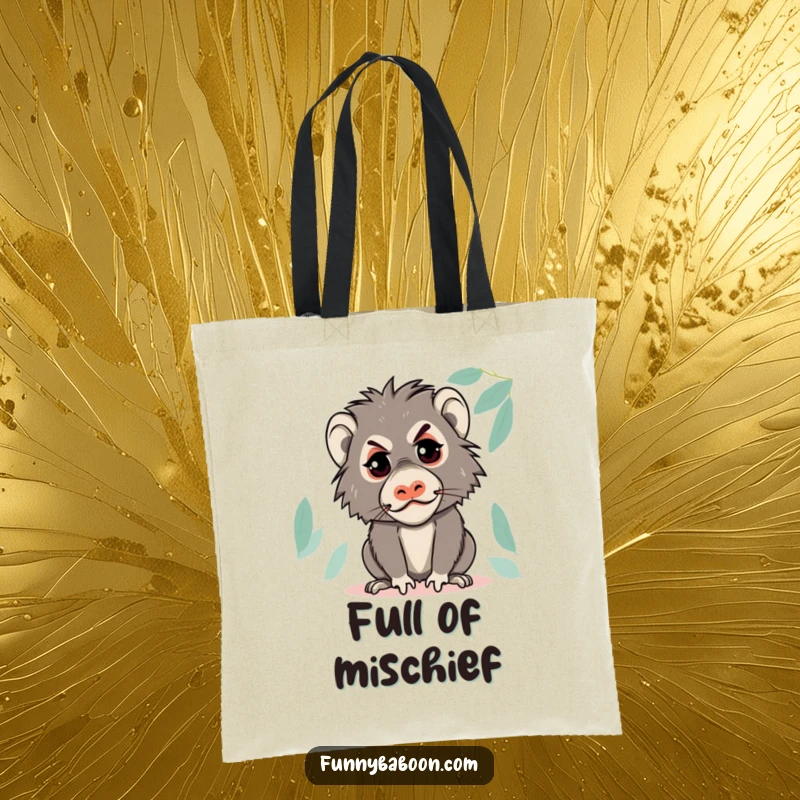 Funny Kawaii baboon tote bag, making a mischievous face with a glint in its eye, ready for errands with primate flair.