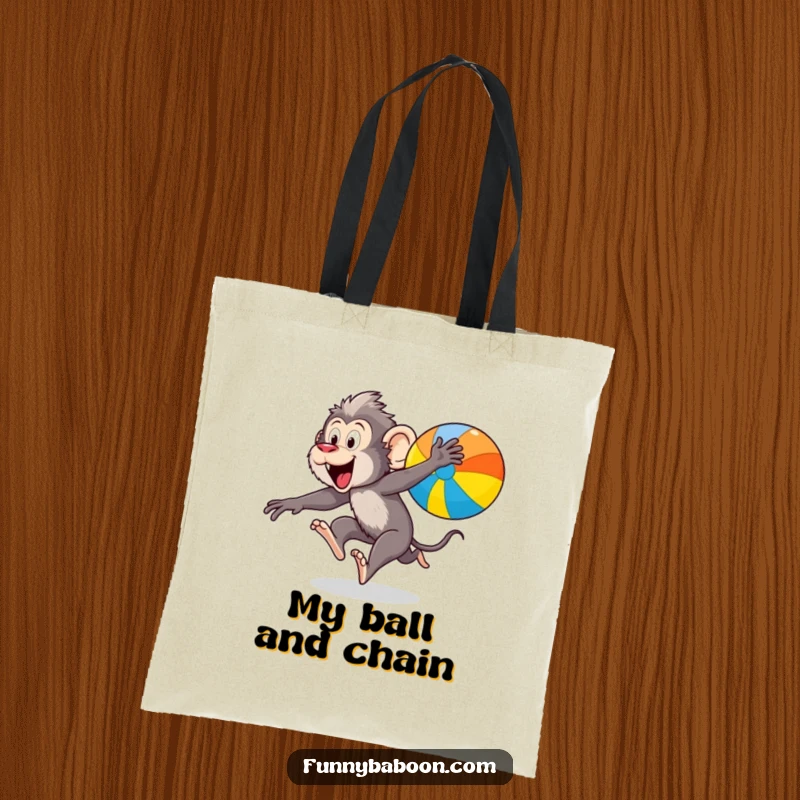 Funny Kawaii baboon tote bag, excitedly leaping after a colorful bouncing ball, ready for adventures with primate energy.