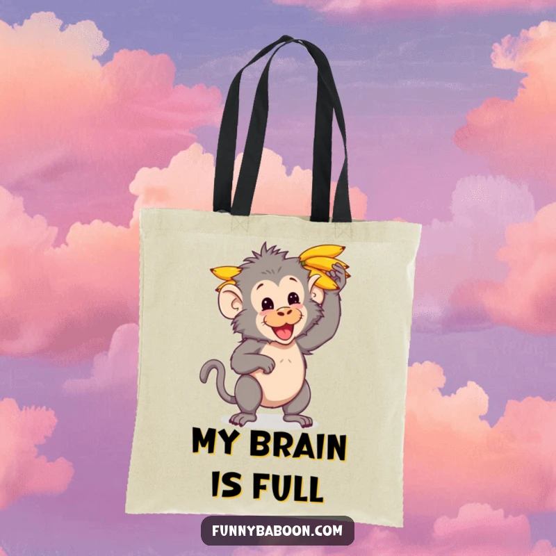 Funny Kawaii baboon tote bag, playfully balancing a stack of bananas on its head, ready for market trips with primate flair.