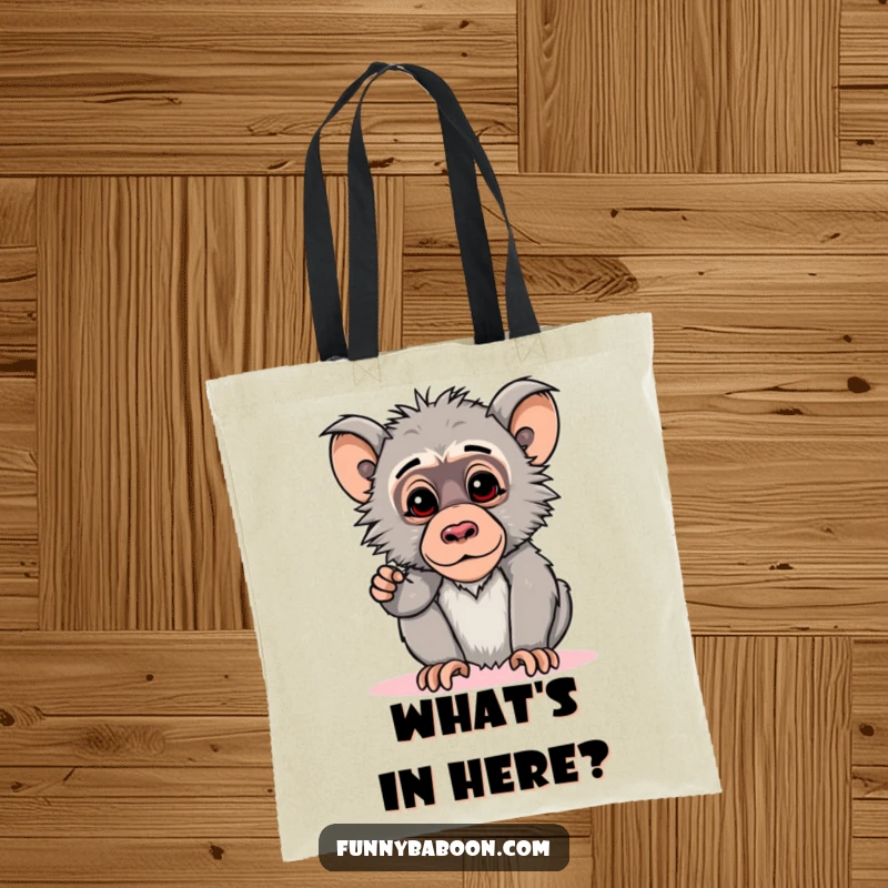 Funny Kawaii baboon tote bag, striking a curious pose, head tilted downwards, ready for errands with primate intellect.